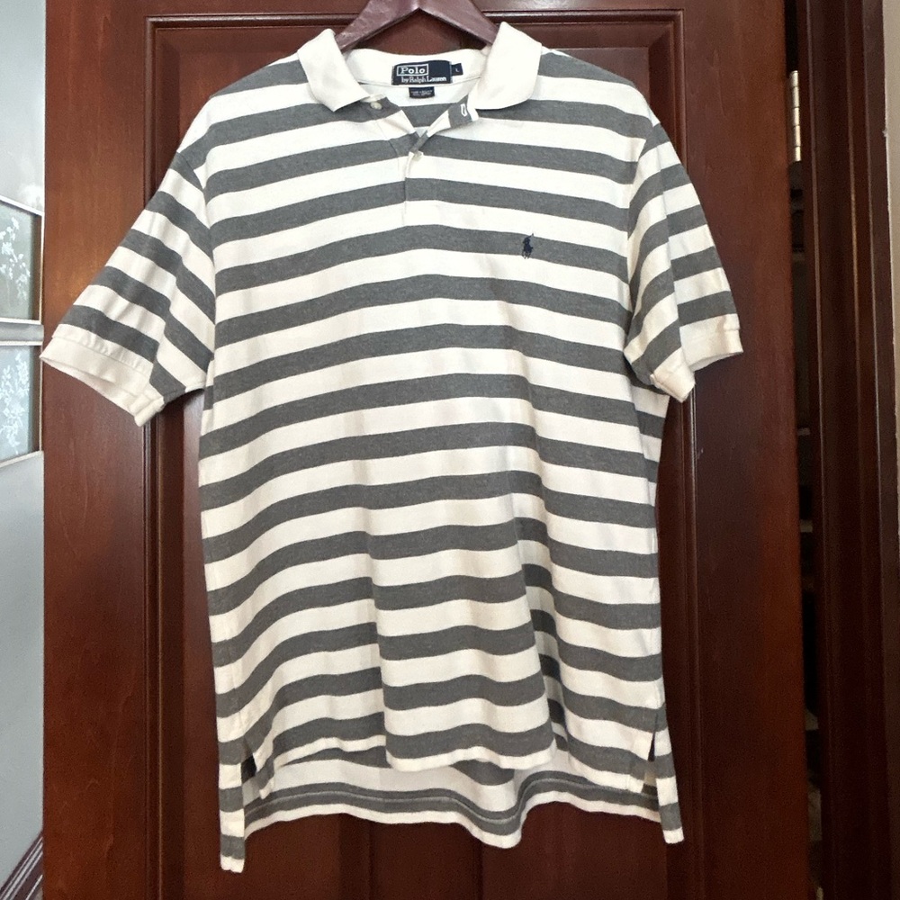 Polo Ralph Lauren Striped Polo Shirt Men’s Large Gray Cream Cotton